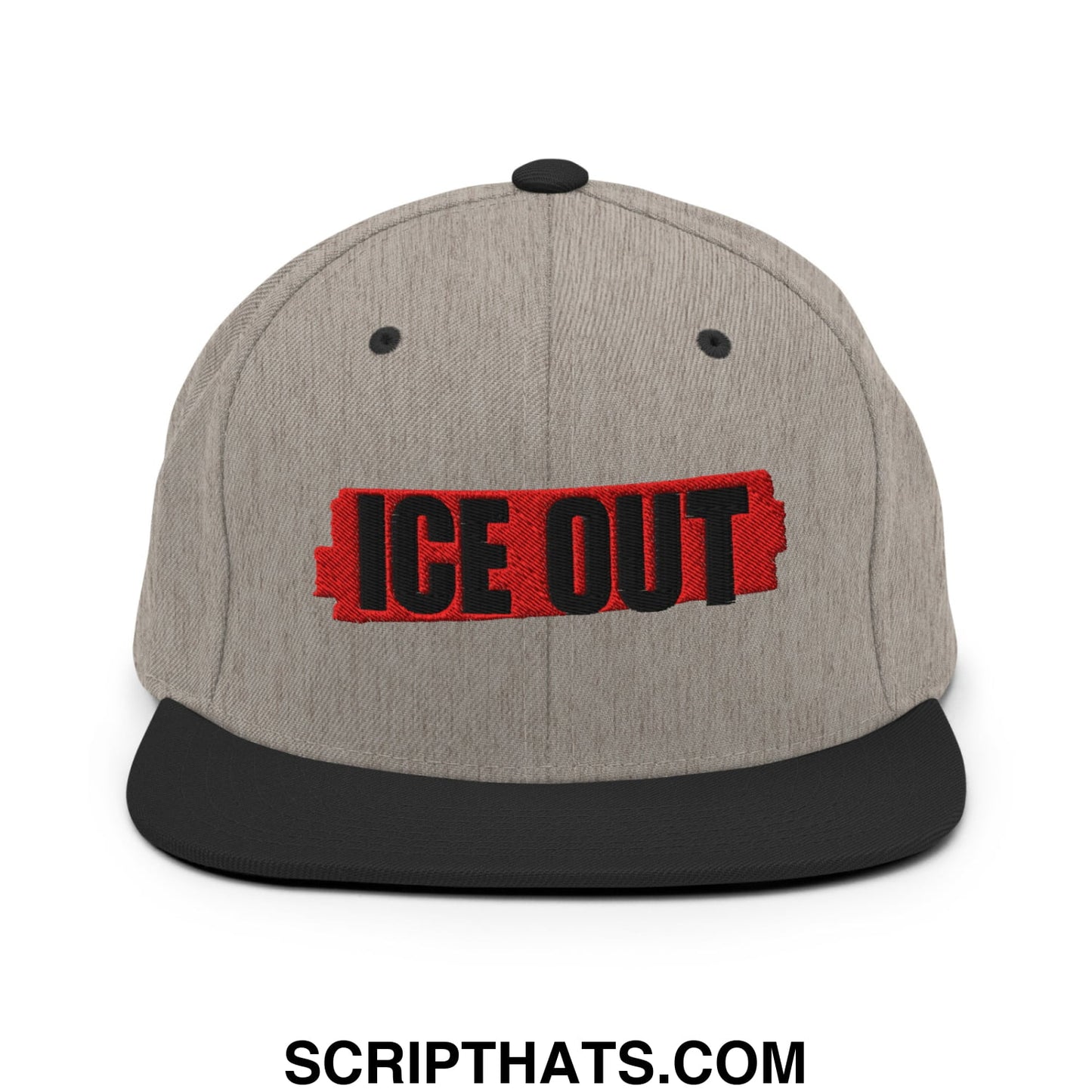 Gray snapback hat with black flat bill brim and bold red embroidered ice out logo in a streetwear style design