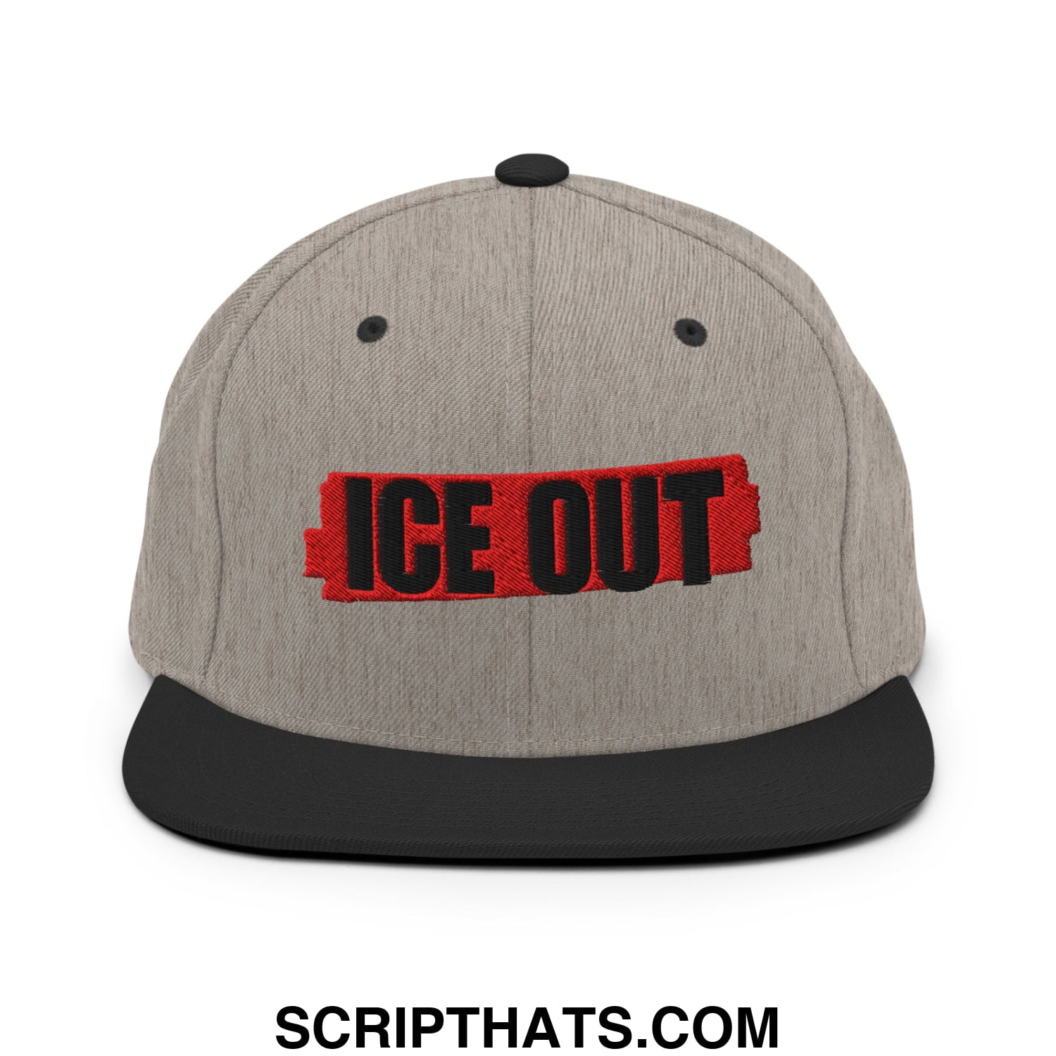 Gray snapback hat with black flat bill brim and bold red embroidered ice out logo in a streetwear style design