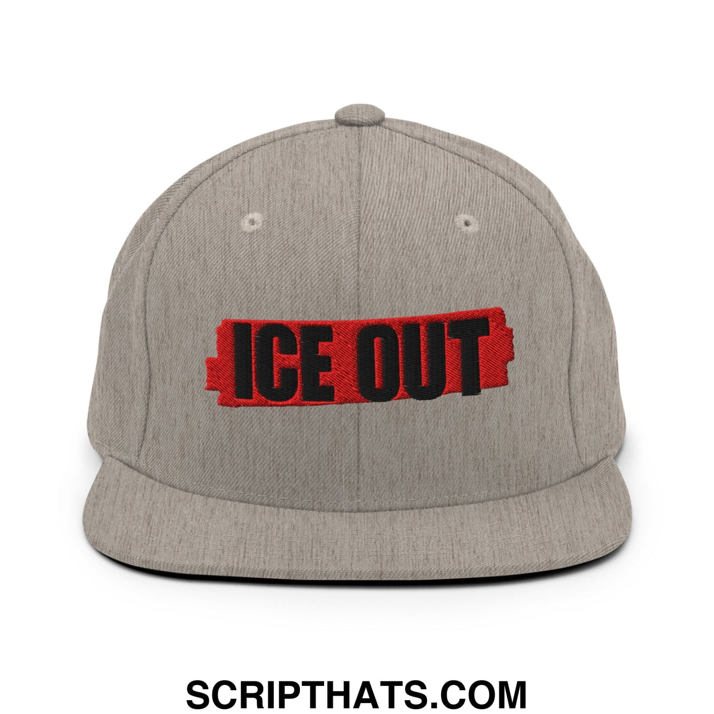 Gray heather snapback cap with a flat bill brim featuring black ice out embroidery on a red rectangular patch