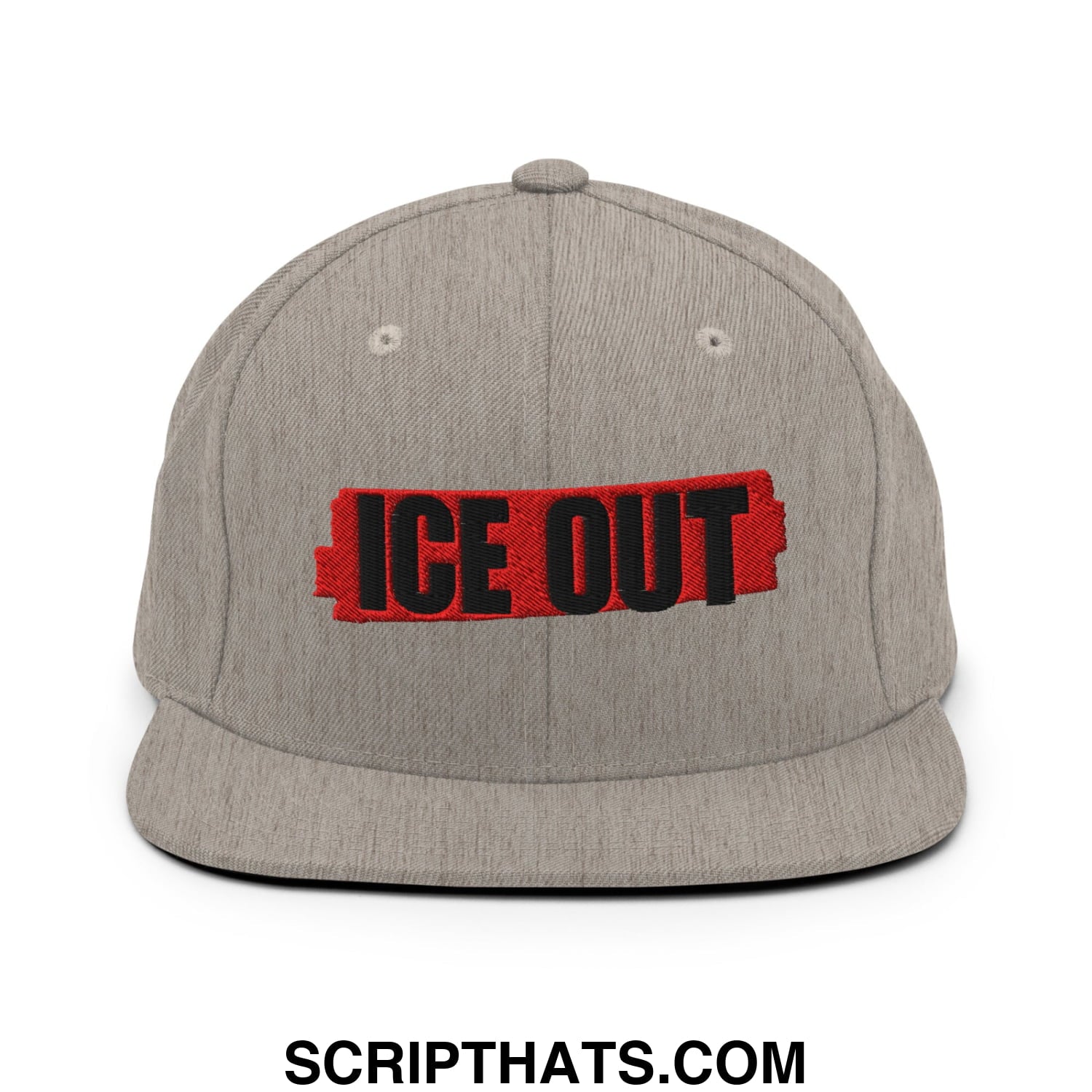 Gray heather snapback cap with a flat bill brim featuring black ice out embroidery on a red rectangular patch