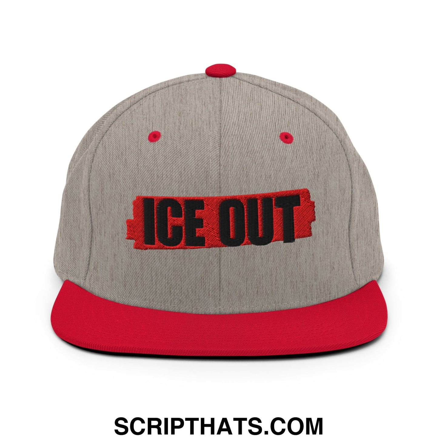 Gray and red snapback cap with ice out embroidered in black on a red banner flat bill brim hat