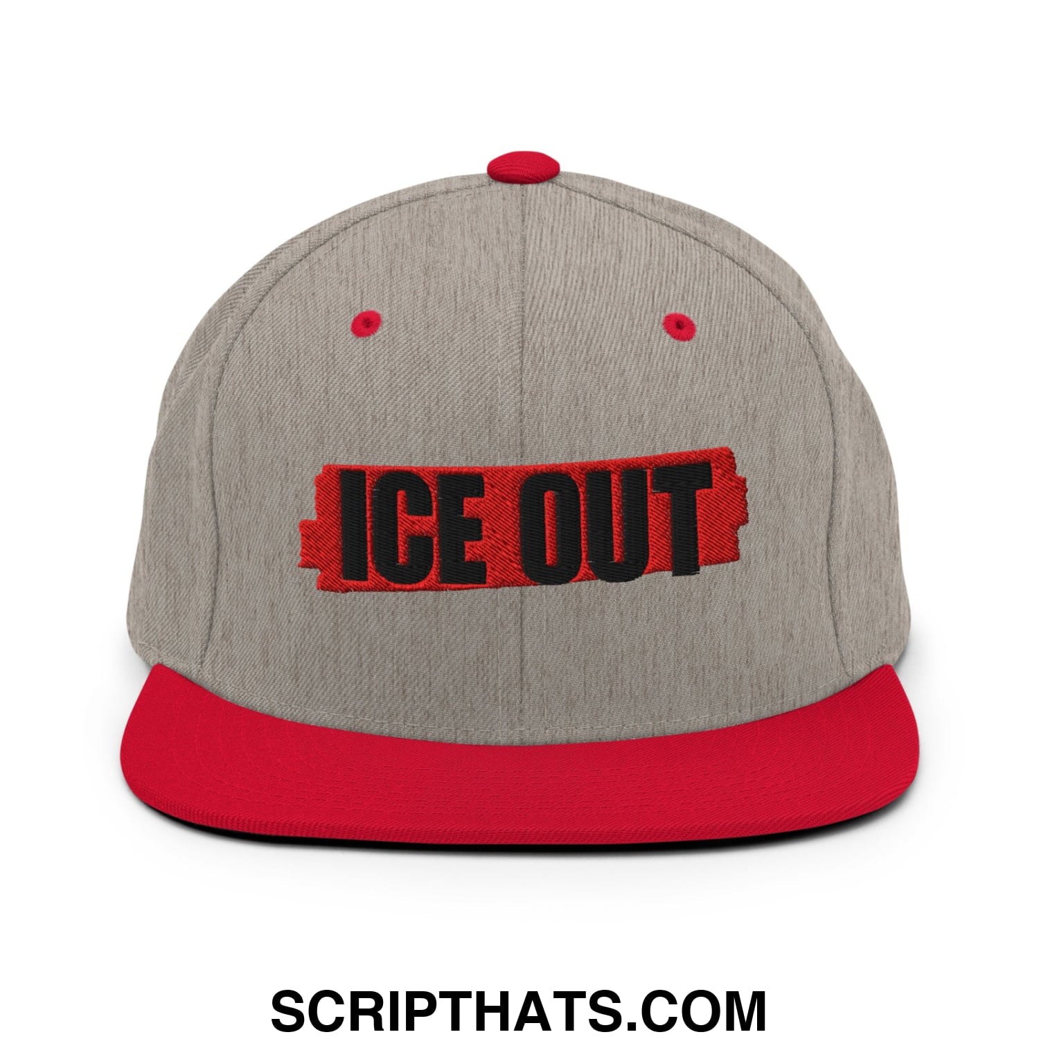 Gray and red snapback cap with ice out embroidered in black on a red banner flat bill brim hat
