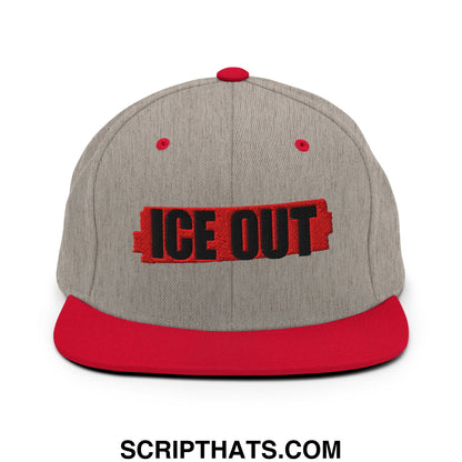 Gray and red snapback cap with ice out embroidered in black on a red banner flat bill brim hat