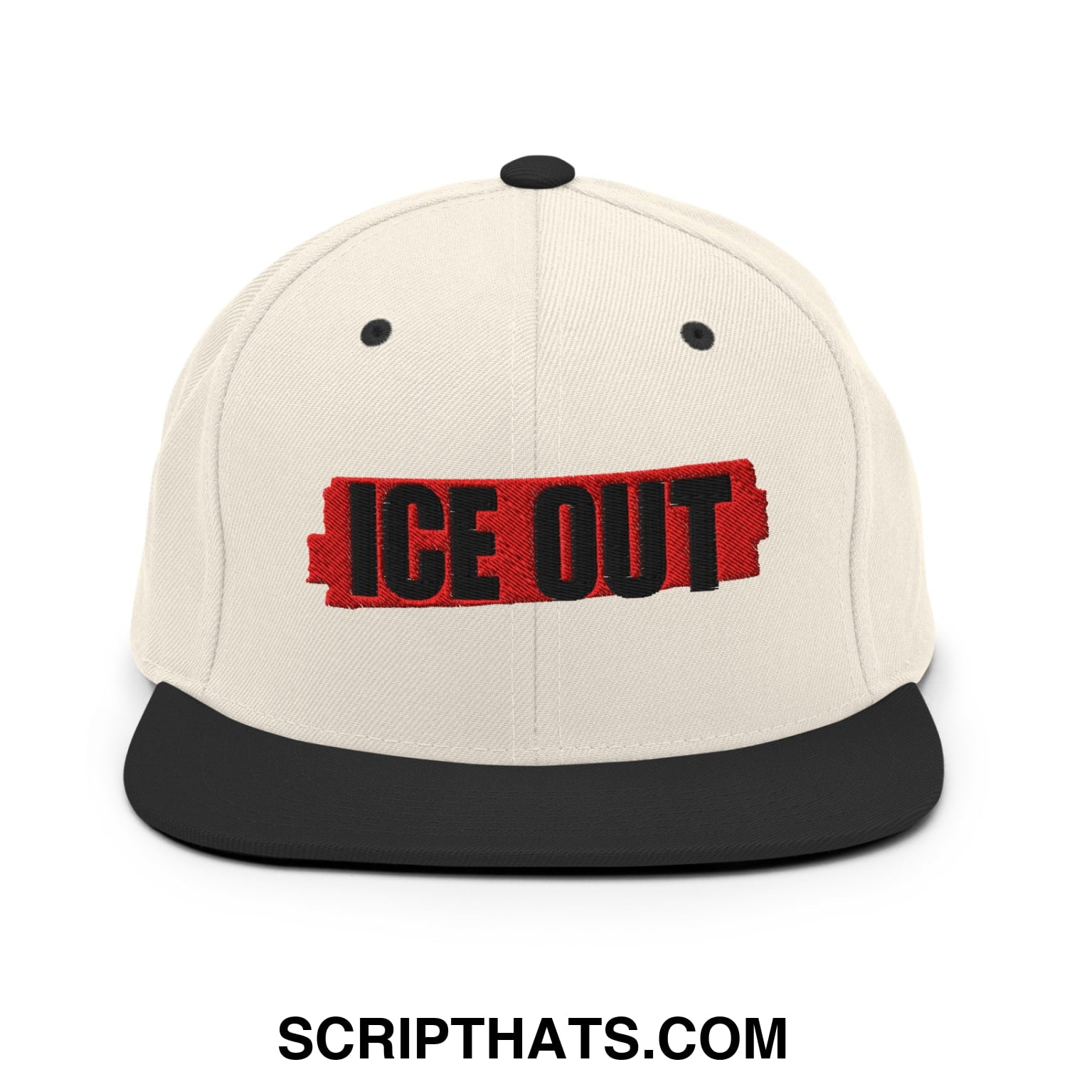 Cream-colored ice out embroidered flat bill snapback hat with black brim and bold red and black logo