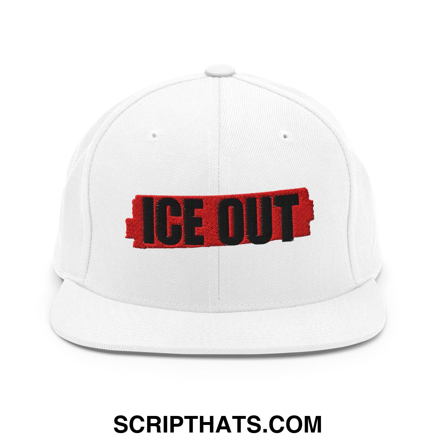 White snapback hat with flat bill featuring bold black ice out lettering on a red distressed rectangular patch