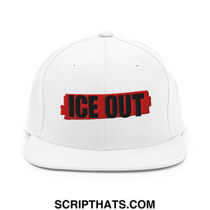White snapback hat with flat bill featuring bold black ice out lettering on a red distressed rectangular patch