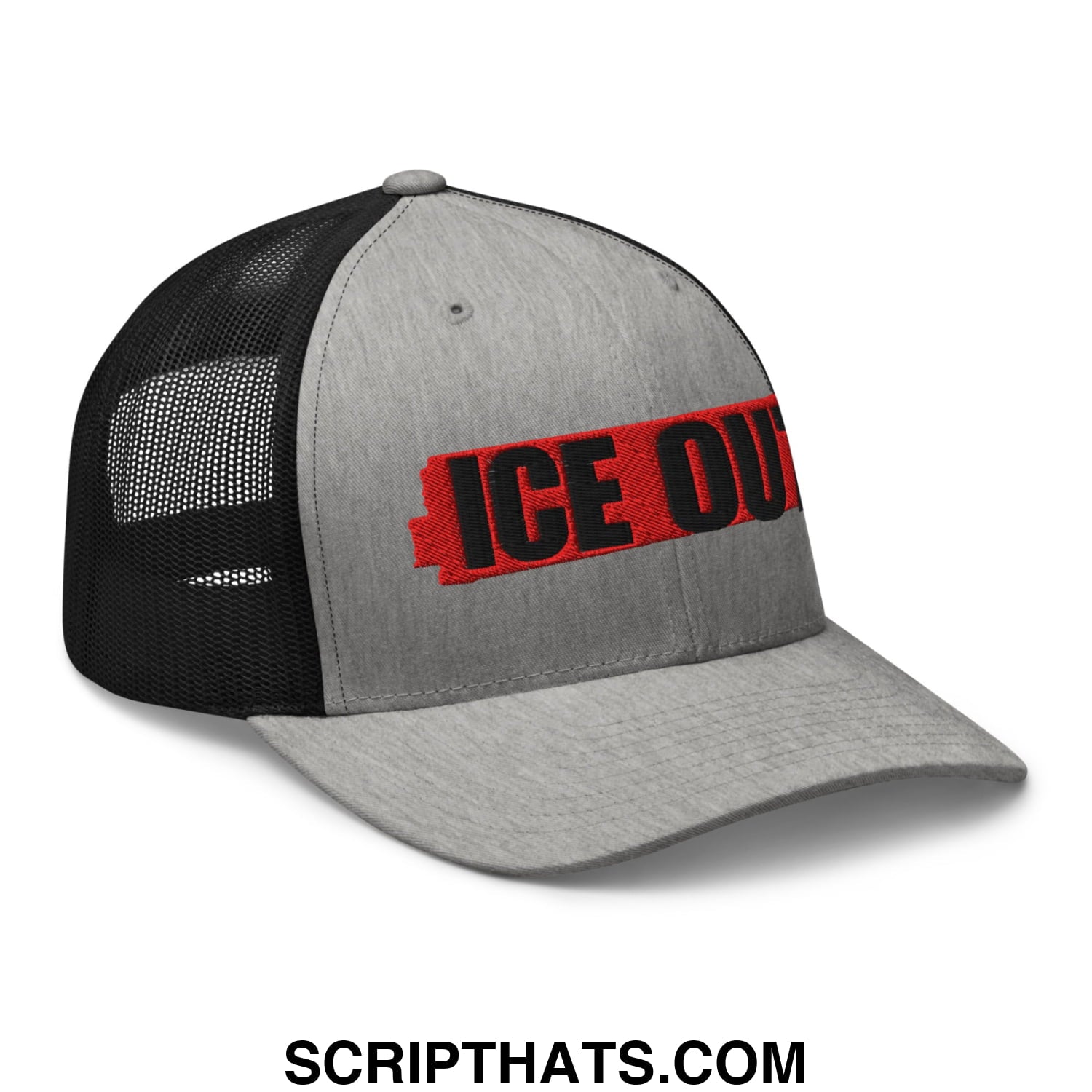 Gray and black mesh trucker hat with ice out embroidered in bold red and black letters across the front