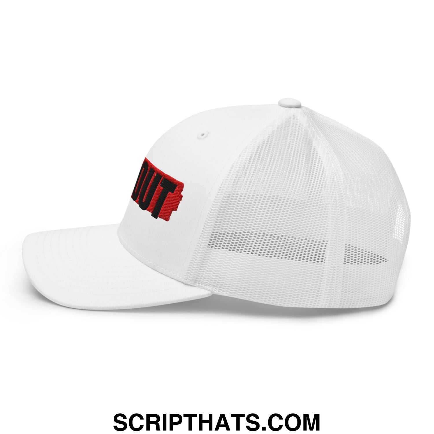 White mesh ICE Out embroidered trucker hat with red and black logo on the front panel