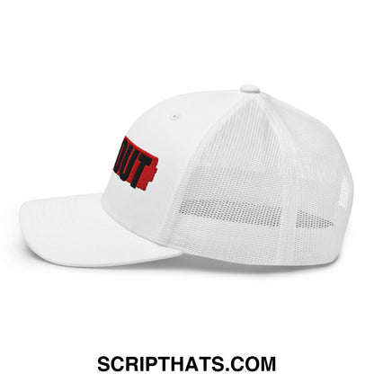 White mesh ICE Out embroidered trucker hat with red and black logo on the front panel