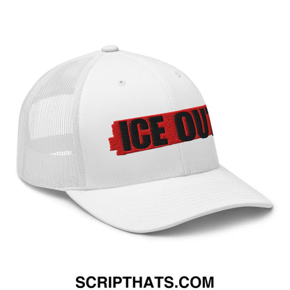 White mesh trucker hat with red and black ice out embroidered logo across the front panel
