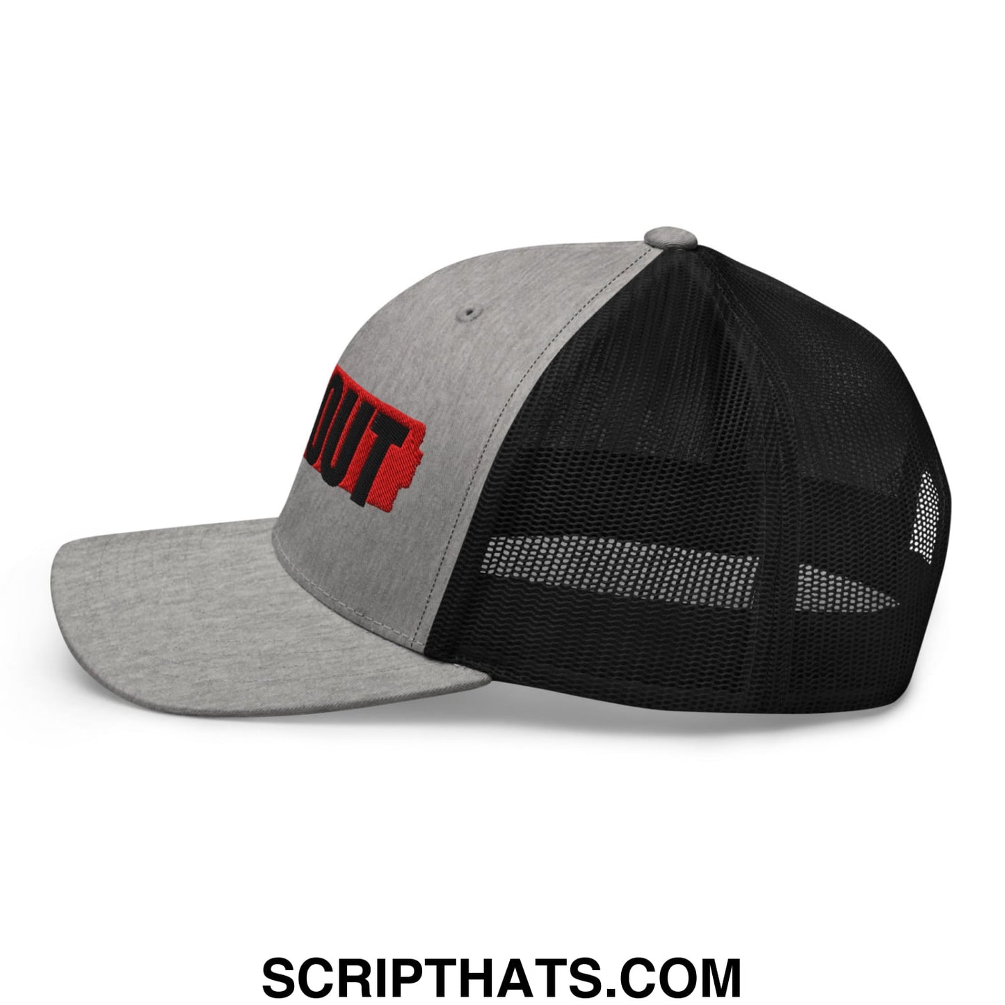 Gray and black mesh trucker hat with red embroidered out logo front ice out embroidered mesh trucker hat