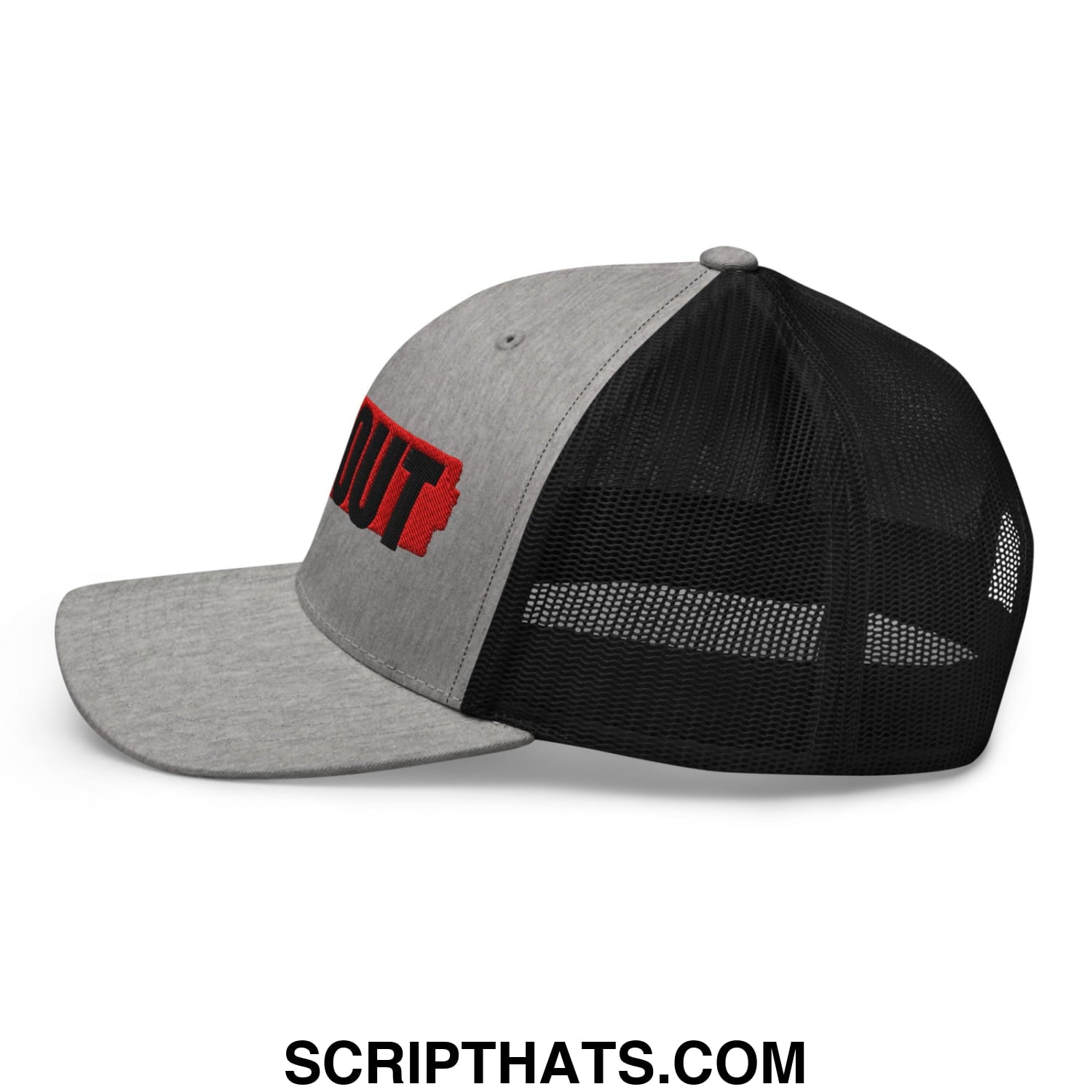 Gray and black mesh trucker hat with red embroidered out logo front ice out embroidered mesh trucker hat