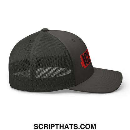 Black mesh trucker hat with red embroidered ice out logo on the side in breathable mesh material