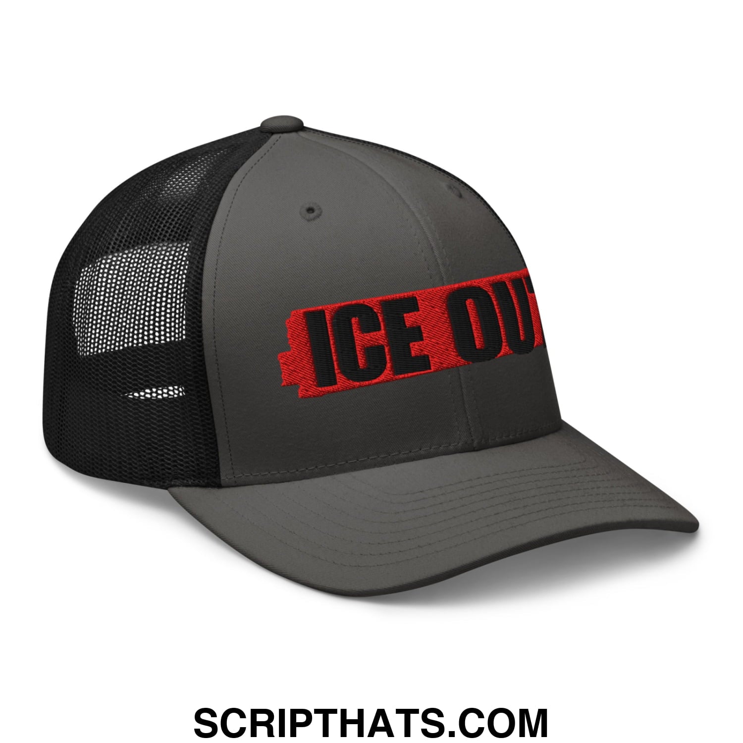 Dark gray ice out embroidered mesh trucker hat with black mesh back and bold red logo across the front