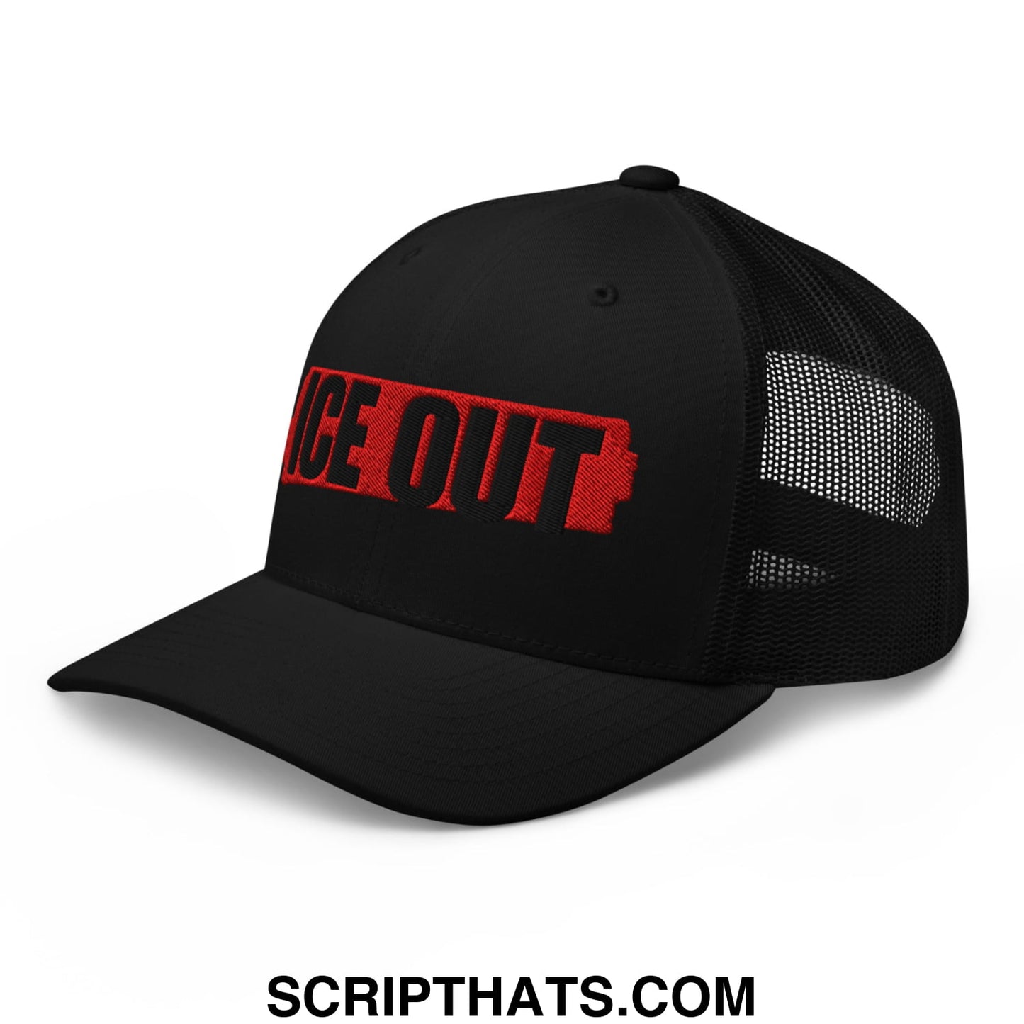 Black mesh trucker hat with bold red ice out embroidery across the front for casual outdoor wear