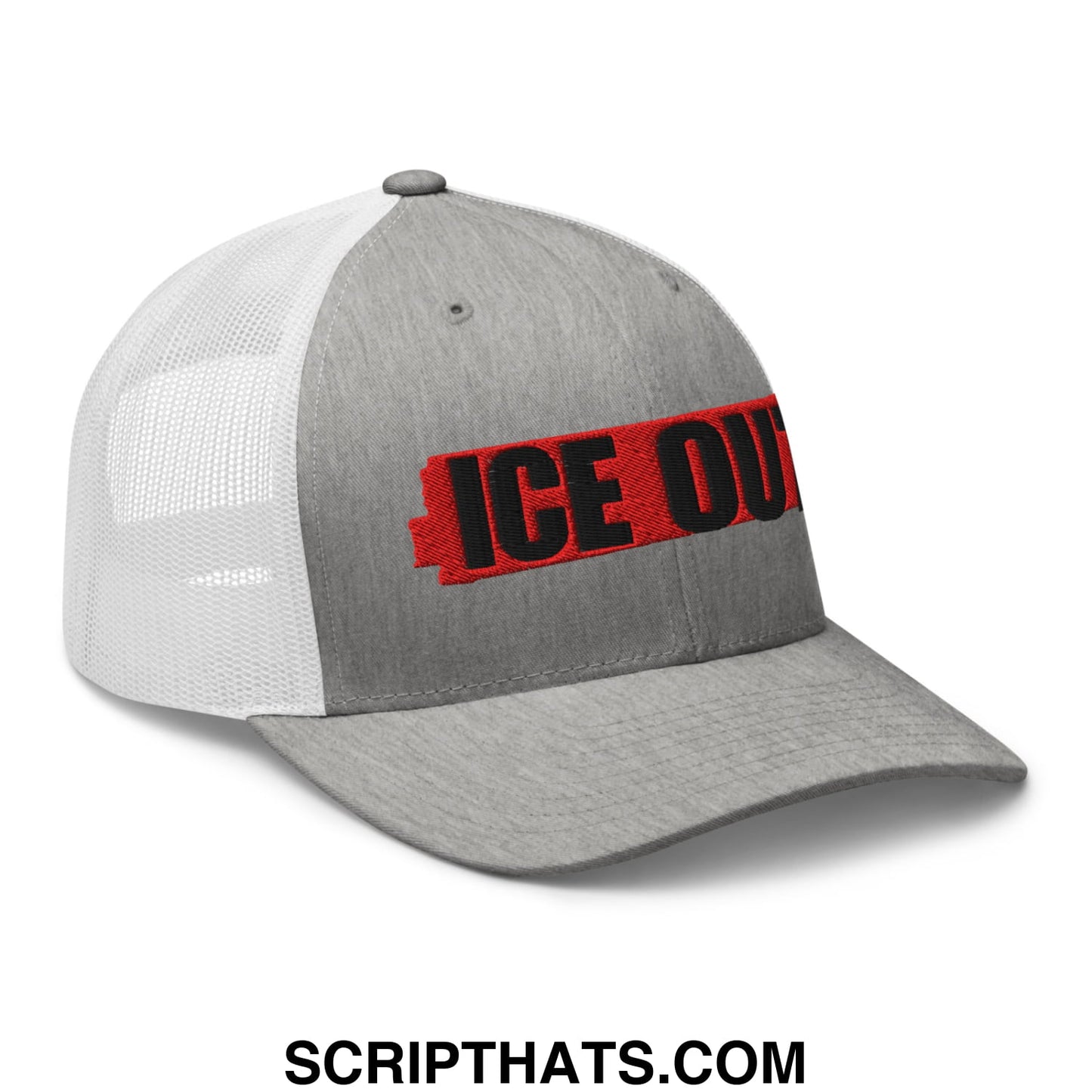 Gray and white mesh trucker hat with ice out embroidered in bold black letters on a red front panel