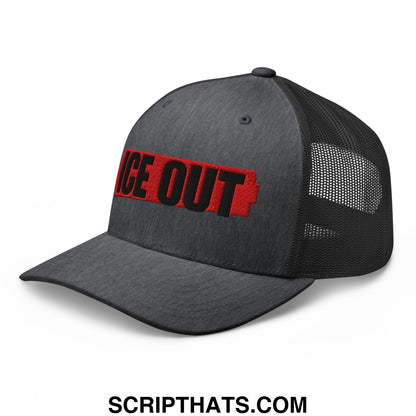 Dark gray mesh trucker hat with bold red and black ice out embroidery across the front