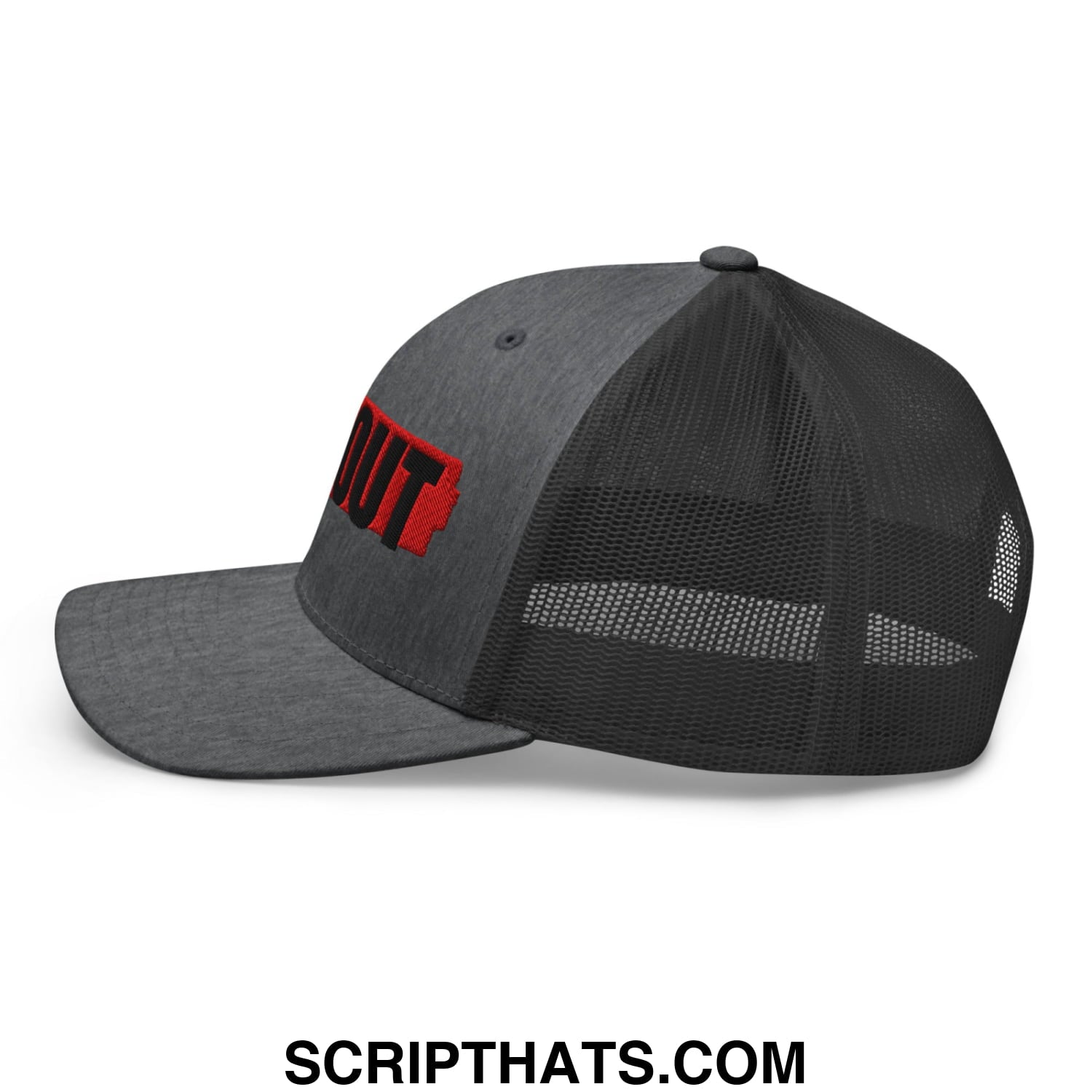 Gray mesh ICE Out embroidered trucker hat with red logo on the front perfect for casual outdoor wear