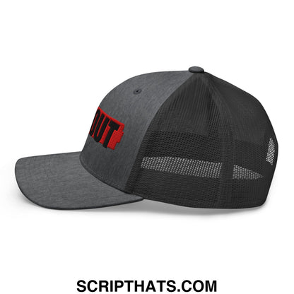Gray mesh ICE Out embroidered trucker hat with red logo on the front perfect for casual outdoor wear