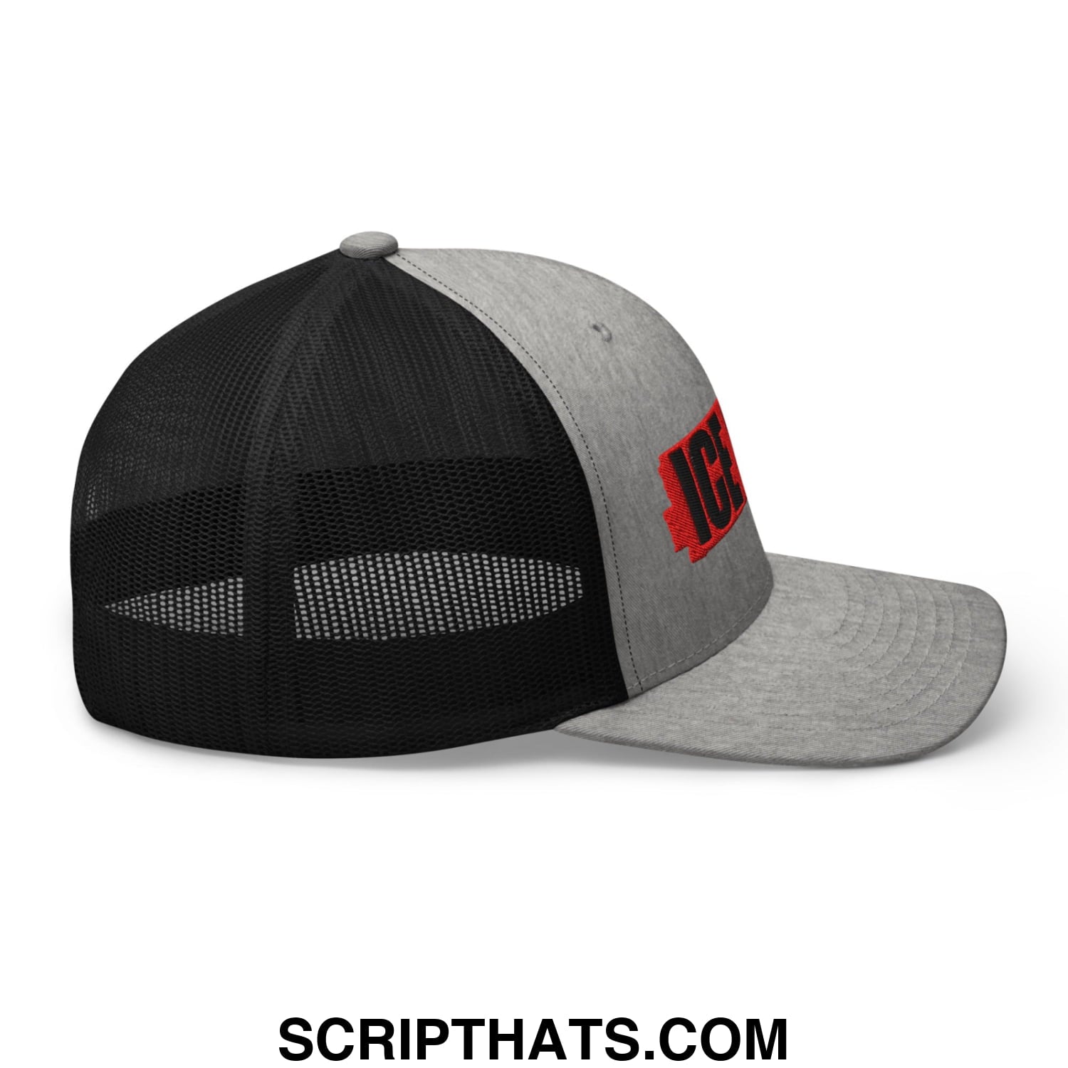 Gray and black ice out embroidered mesh trucker hat with red logo on the side in a breathable design