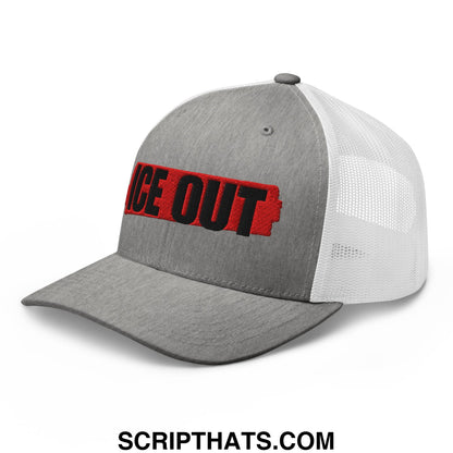 Gray and white mesh trucker hat with ice out embroidered in black on a red rectangular patch on the front panel