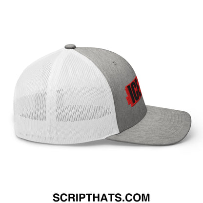 Gray and white ice out embroidered mesh trucker hat with red embroidered logo on the side