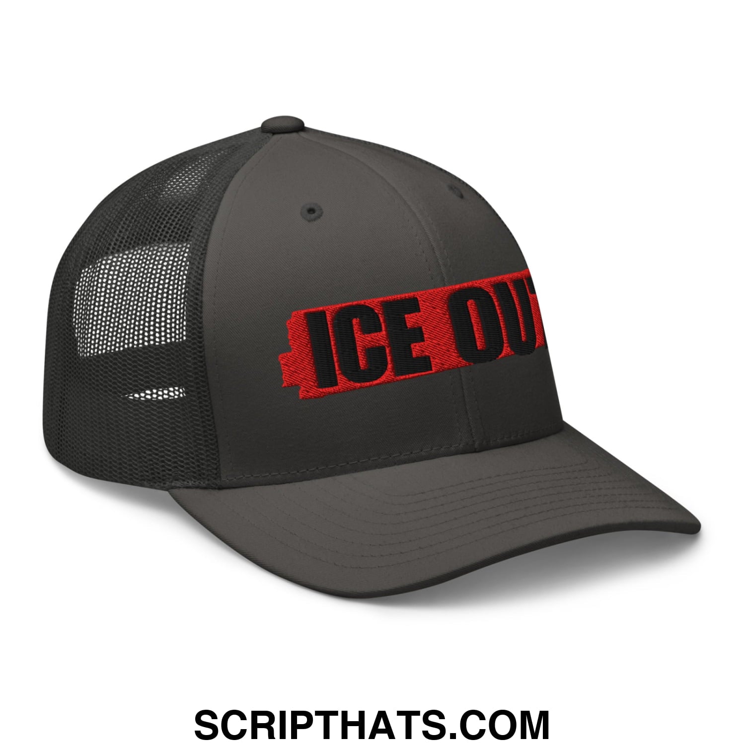 Dark gray mesh trucker hat with red and black ice out embroidered logo on front panel for casual wear