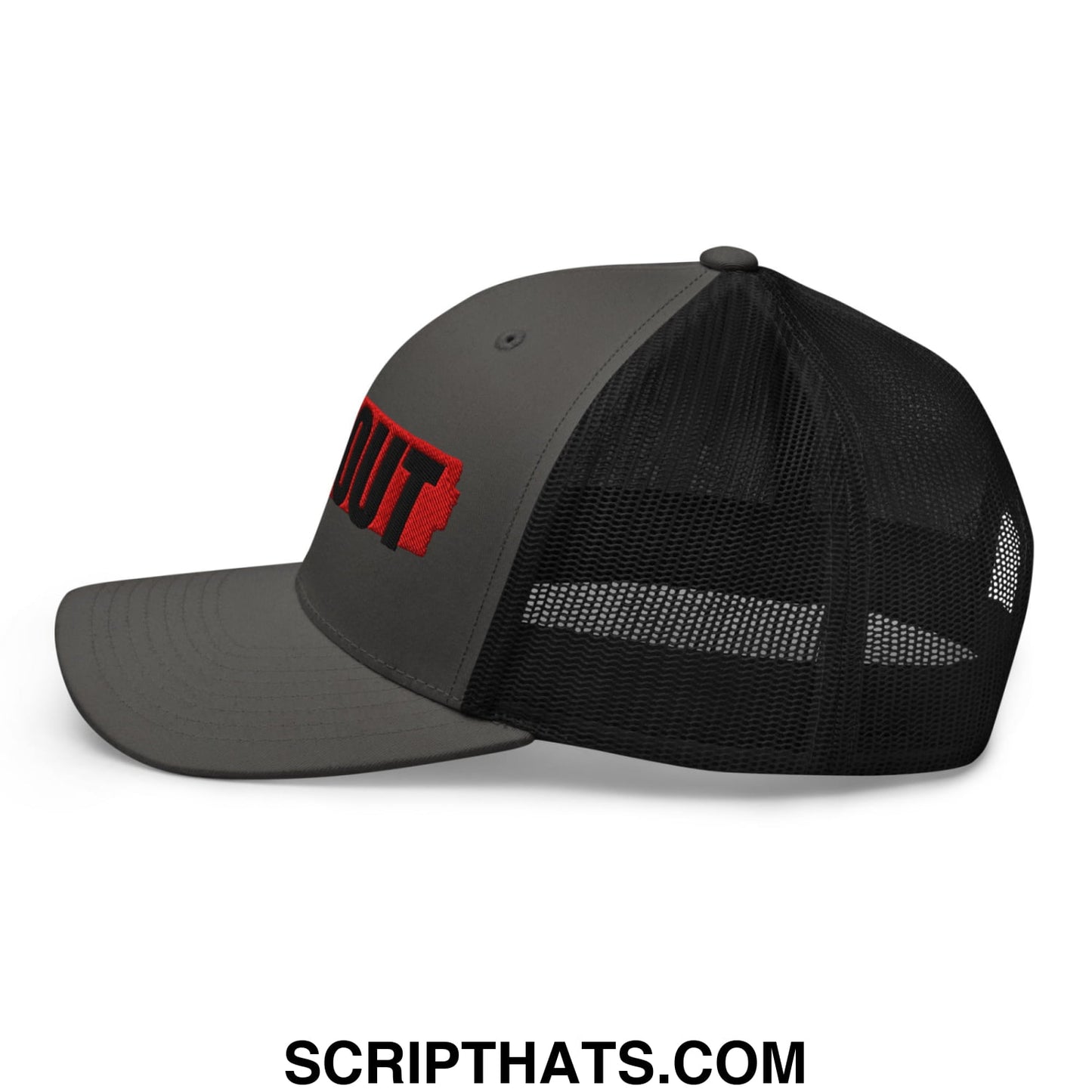 Dark gray and black mesh trucker hat with red embroidered out logo on front panel ice out embroidered mesh trucker hat