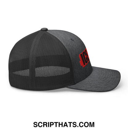Black ice out embroidered mesh trucker hat with red embroidered logo on the side