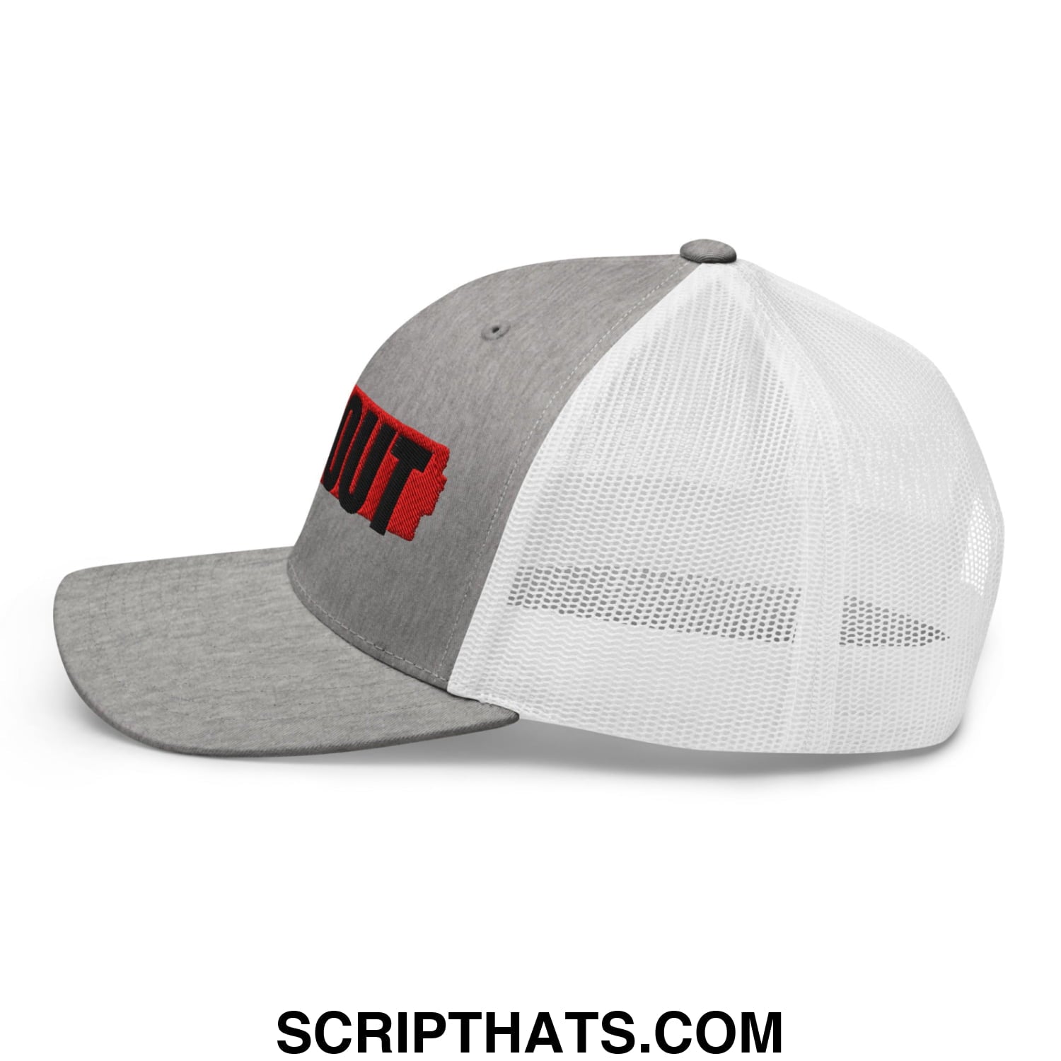 Gray and white mesh trucker hat with bold red out logo embroidered on front panel ice out embroidered mesh trucker hat