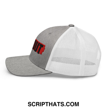 Gray and white mesh trucker hat with bold red out logo embroidered on front panel ice out embroidered mesh trucker hat