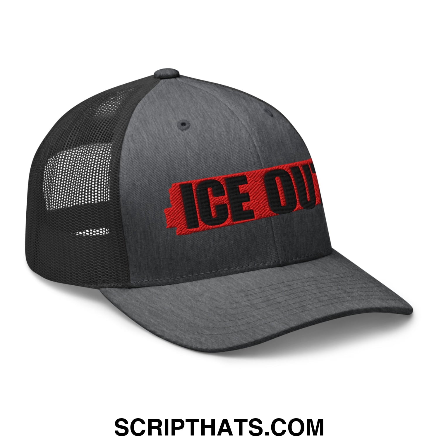 Dark gray ice out embroidered mesh trucker hat with black mesh back and red logo across the front