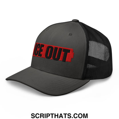 Dark gray mesh trucker hat with bold red and black ice out embroidered logo on the front for casual wear