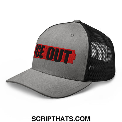 Gray and black mesh trucker hat with ice out embroidered in bold red and black lettering on the front