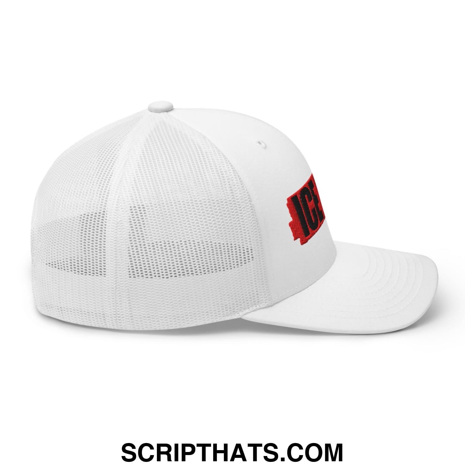 White ice out embroidered mesh trucker hat with red and black embroidered logo on the side
