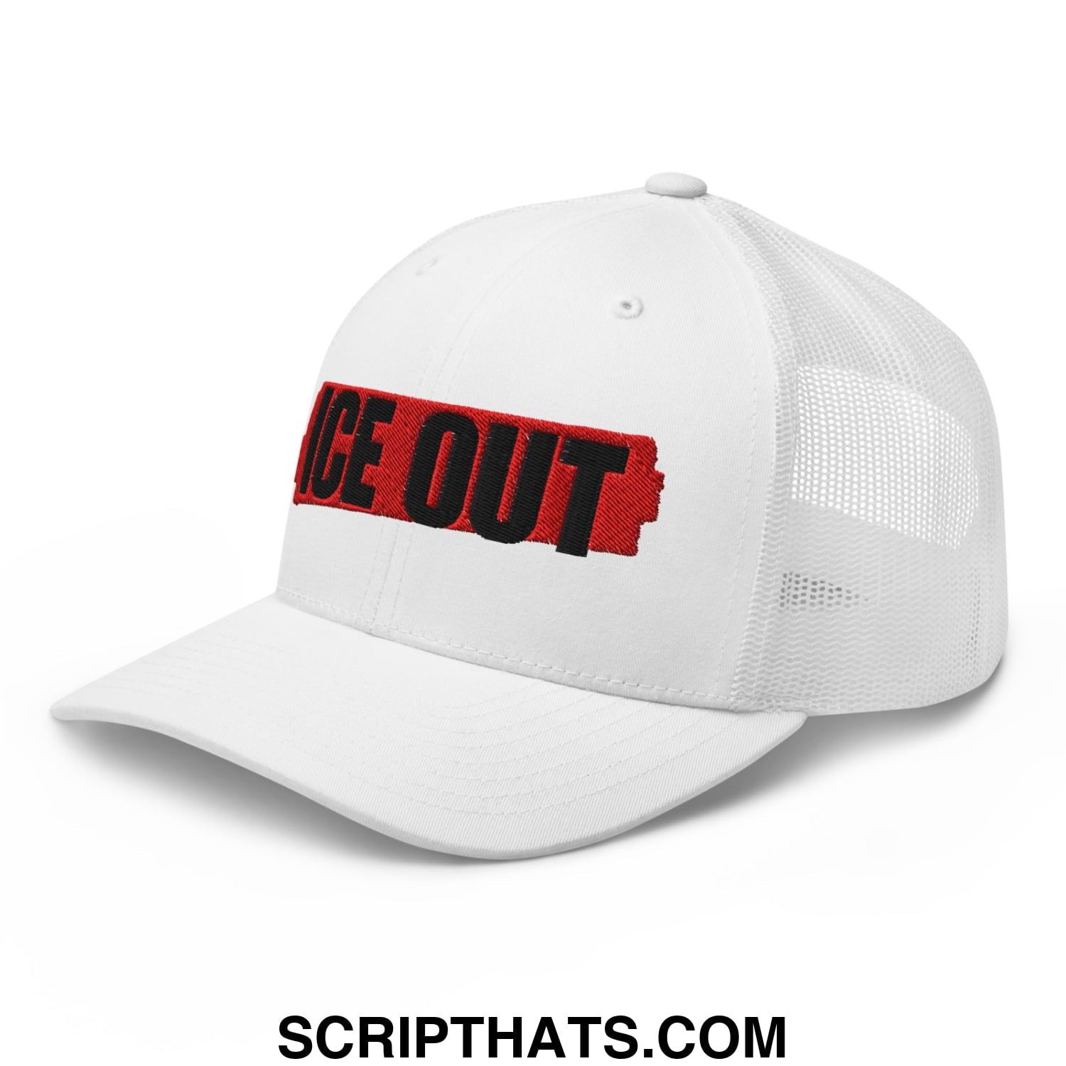 White mesh trucker hat with bold red and black ice out embroidered logo on front panel