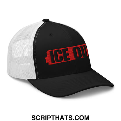 Black and white mesh trucker hat with bold red embroidered ice out text on the front for casual wear