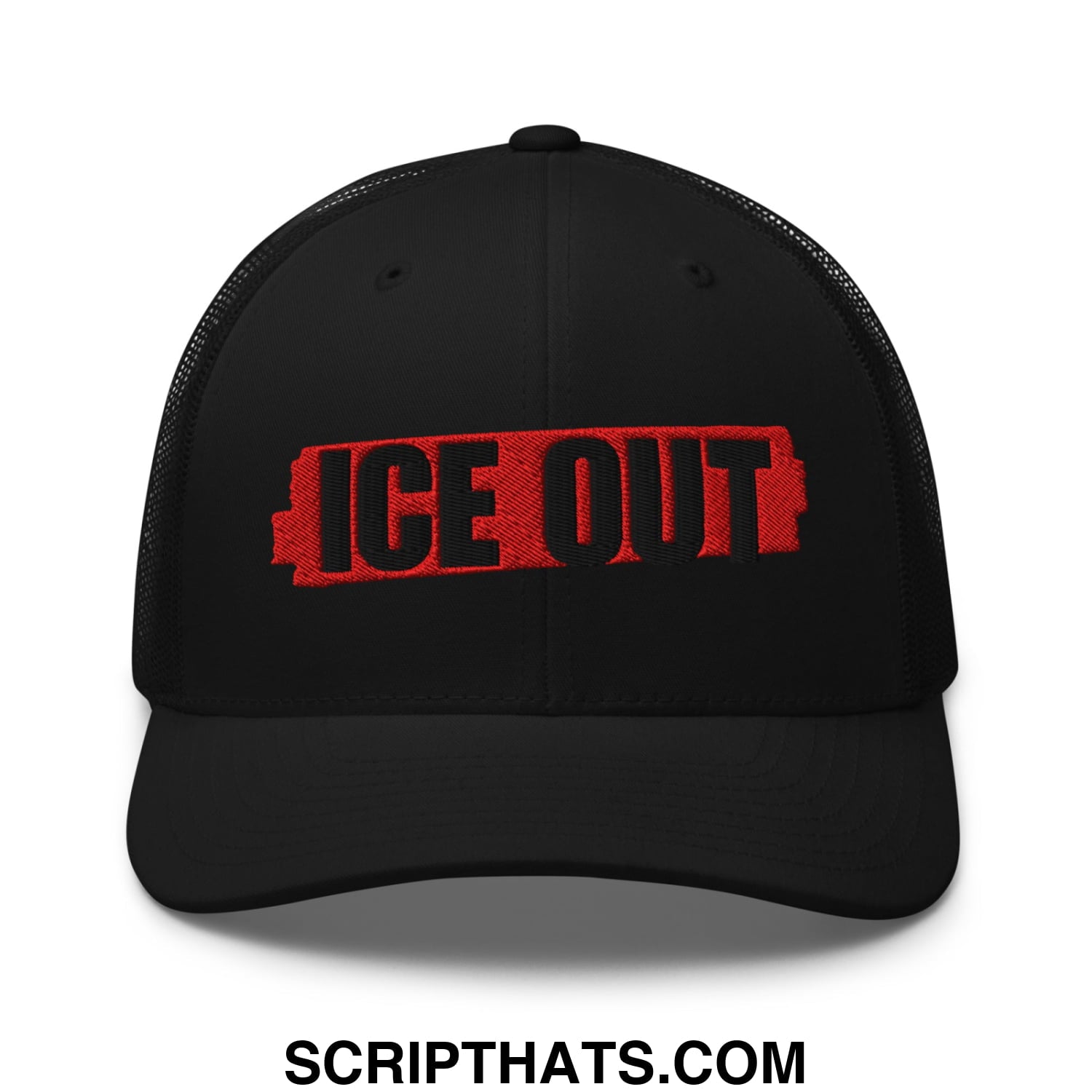 Black mesh trucker hat with red embroidered ice out logo in battery shape design for casual wear