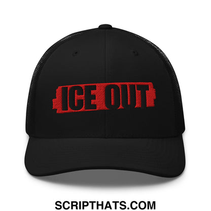 Black mesh trucker hat with red embroidered ice out logo in battery shape design for casual wear