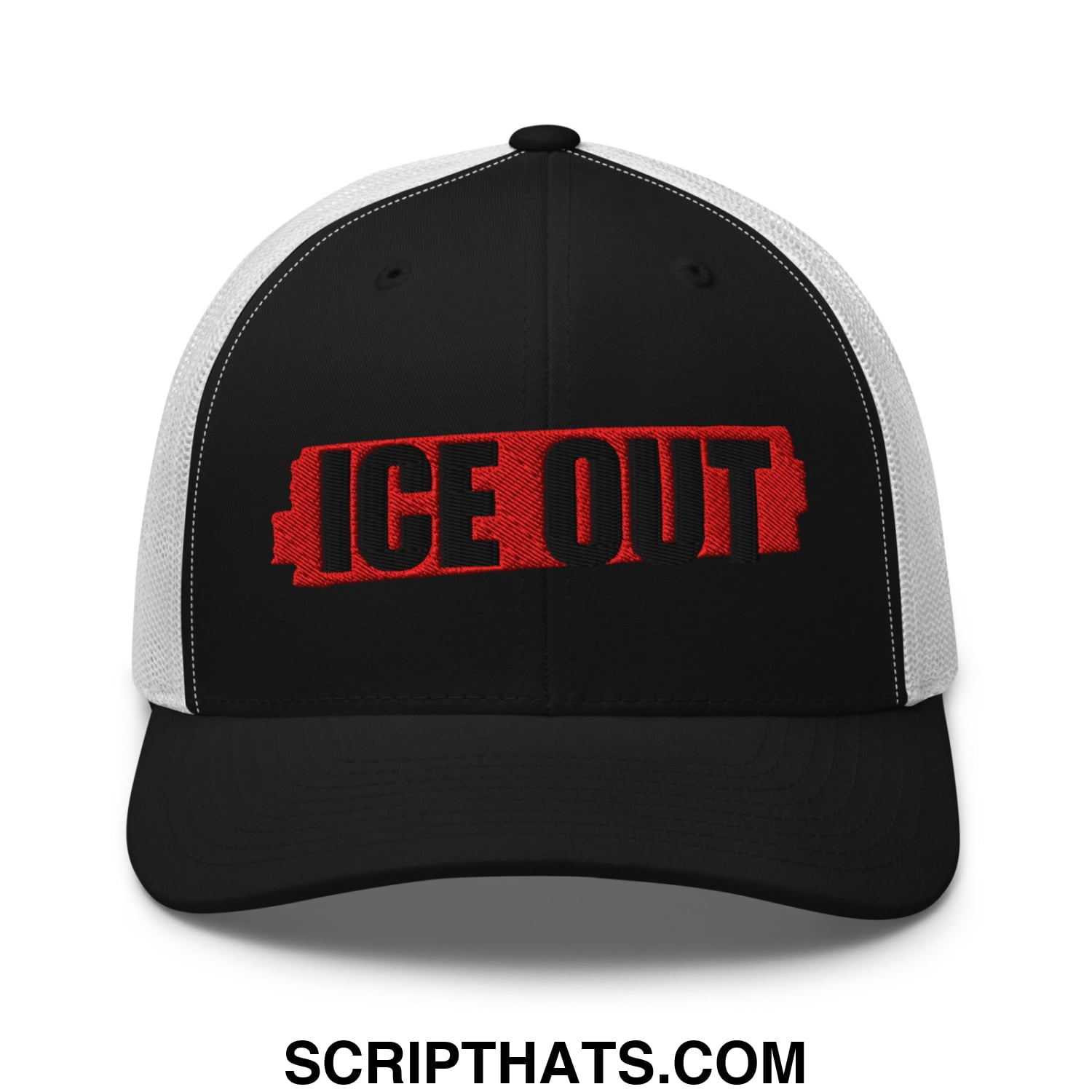 Black and white mesh trucker hat with ice out embroidered in bold red letters on the front