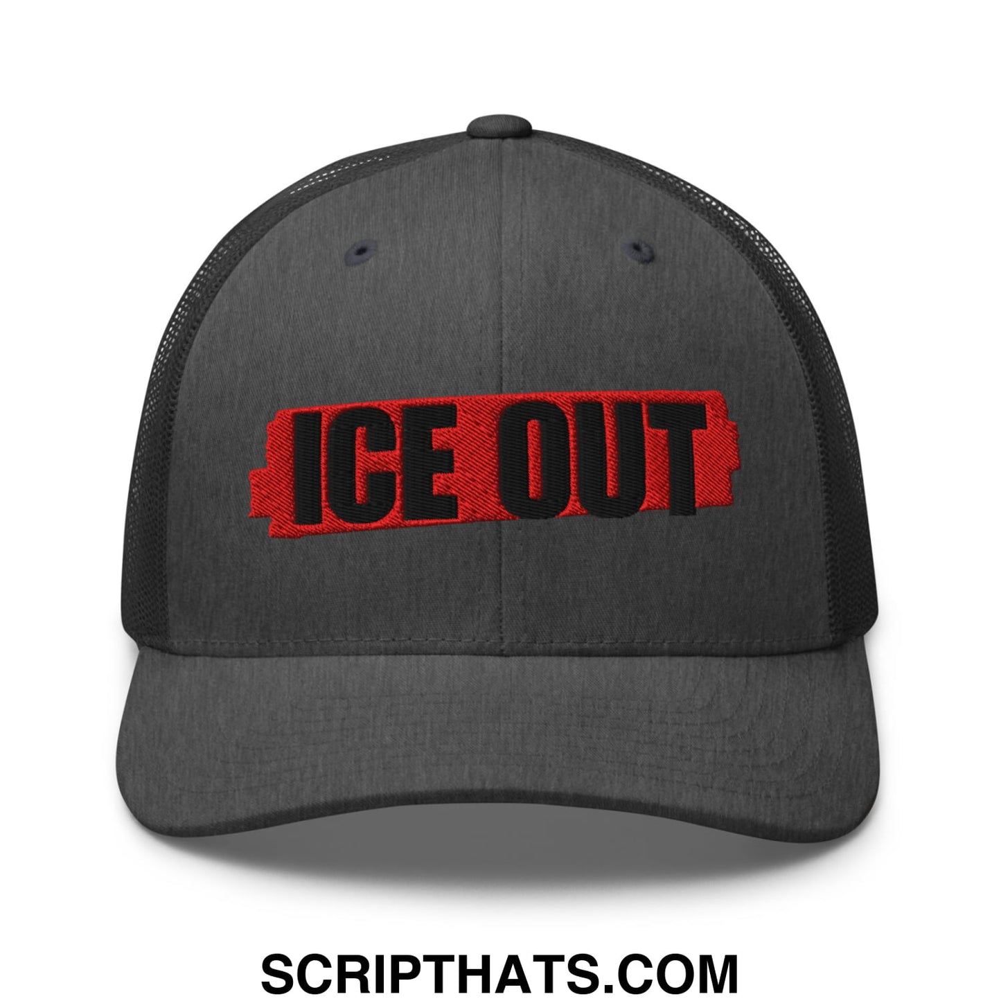 Dark gray mesh trucker hat with bold red and black ice out embroidery across the front panel