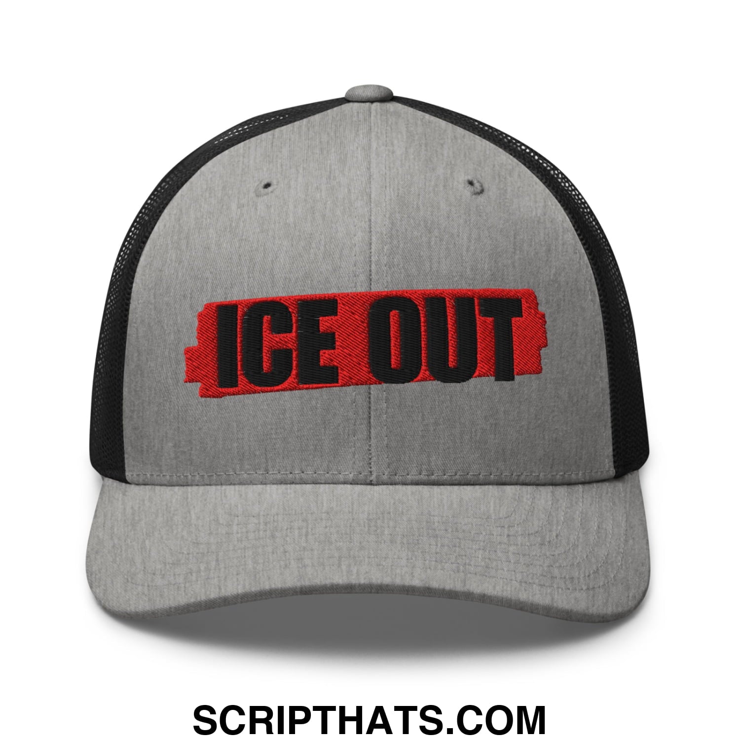 Gray and black mesh trucker hat with ice out embroidered in bold red and black letters on the front