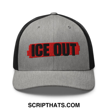 Gray and black mesh trucker hat with ice out embroidered in bold red and black letters on the front