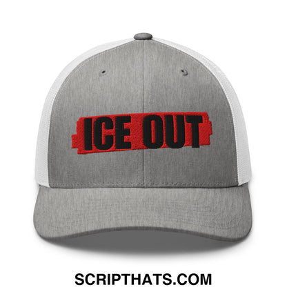 Gray and white mesh trucker hat with ice out embroidered in black on a red patch titled ice out embroidered mesh trucker hat