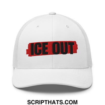 White mesh trucker hat with ice out embroidered in bold black letters on a red torn-effect background