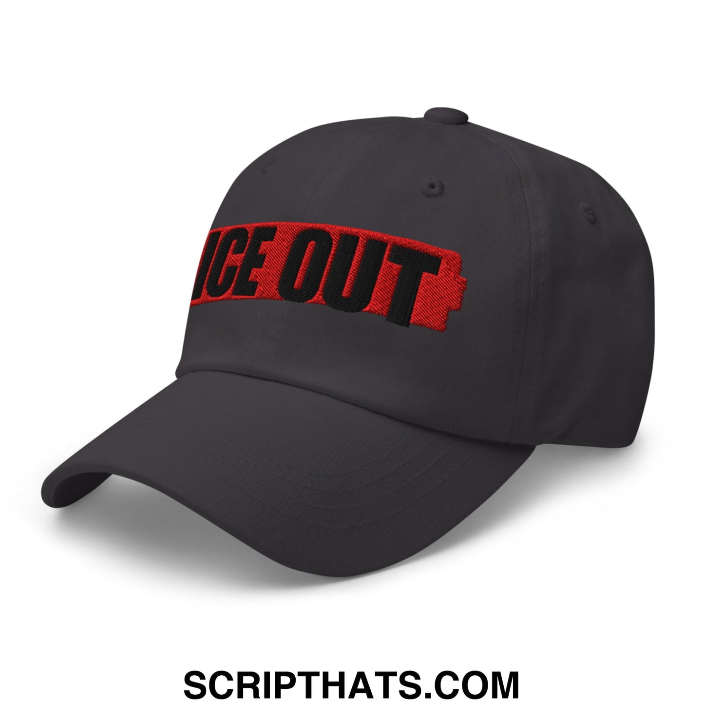 Dark gray ice out embroidered unstructured dad hat with bold red and black text and battery icon design