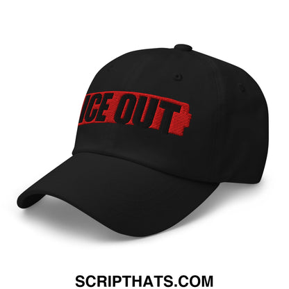Black unstructured dad hat with bold red and black embroidered ice out text on the front