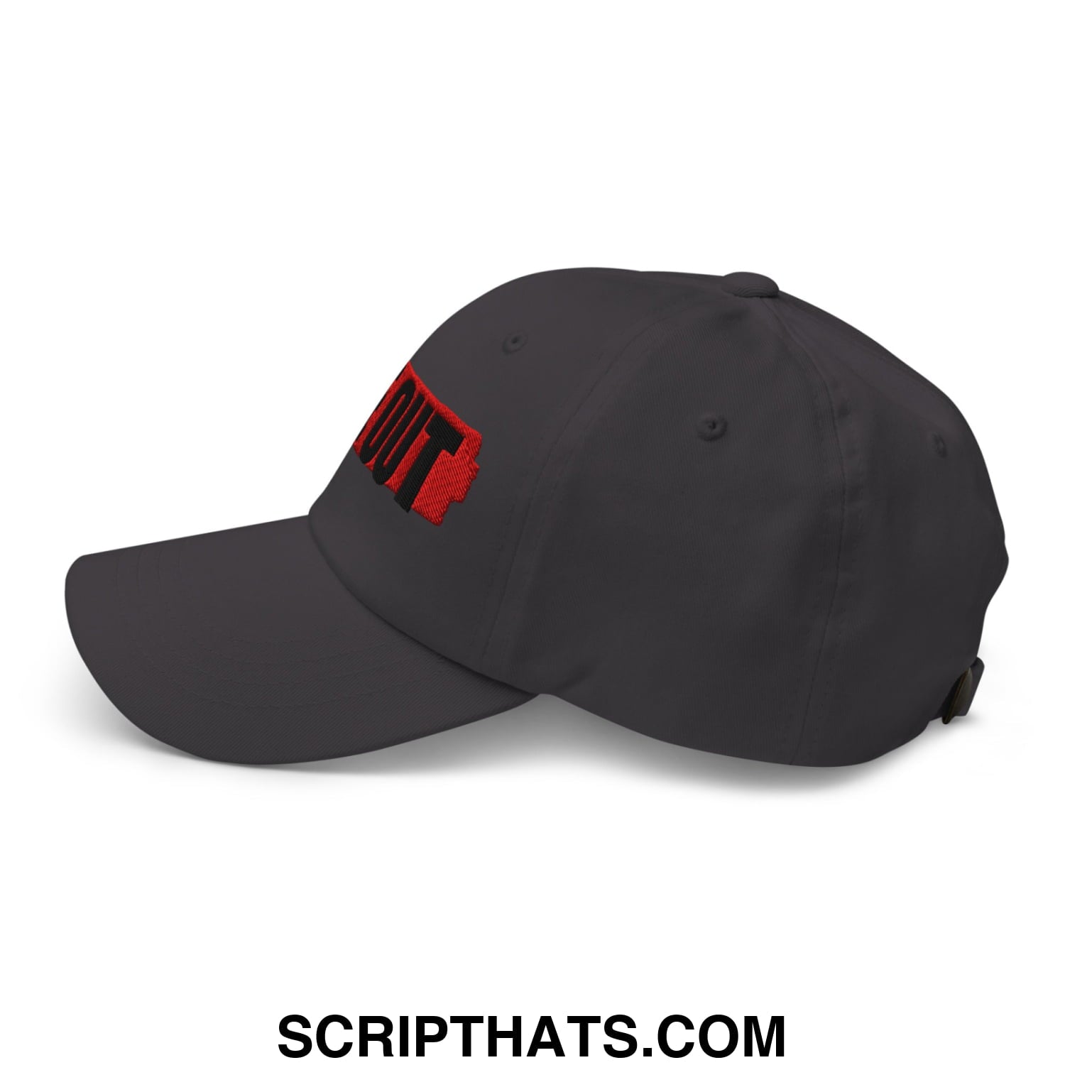 Dark gray unstructured dad hat with bold red embroidered out logo featuring ice out design