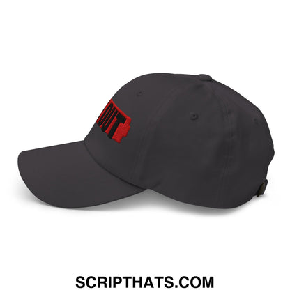 Dark gray unstructured dad hat with bold red embroidered out logo featuring ice out design