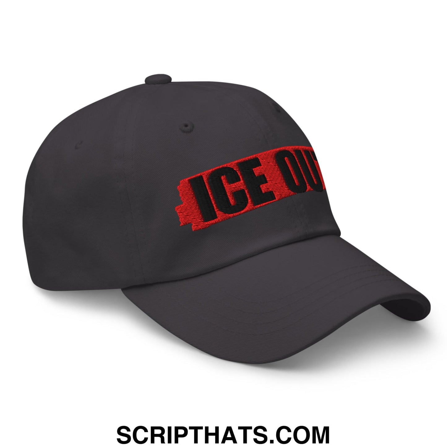 Dark gray unstructured dad hat with bold red and black embroidered ice out lettering on the front panel